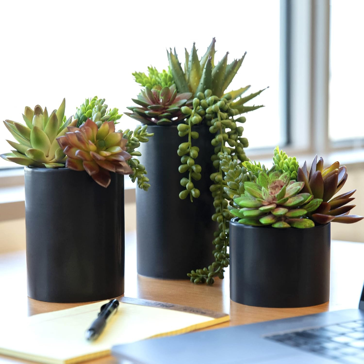 Plants Artificial in Ceramic Pots – Faux Office Plants | 3 Pack Set, Fake Succul