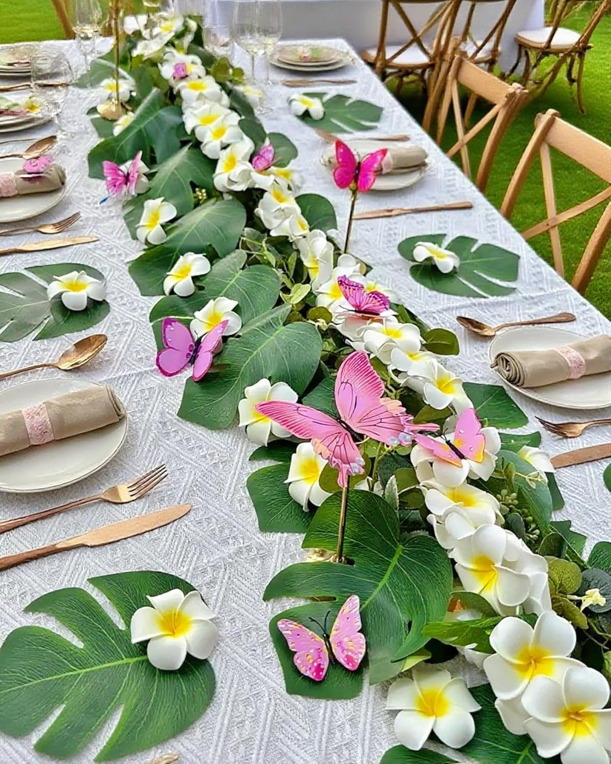 72Pcs Hawaiian Party Decor Set (Artificial Plumeria Flowers, Monstera Leaves, Bu