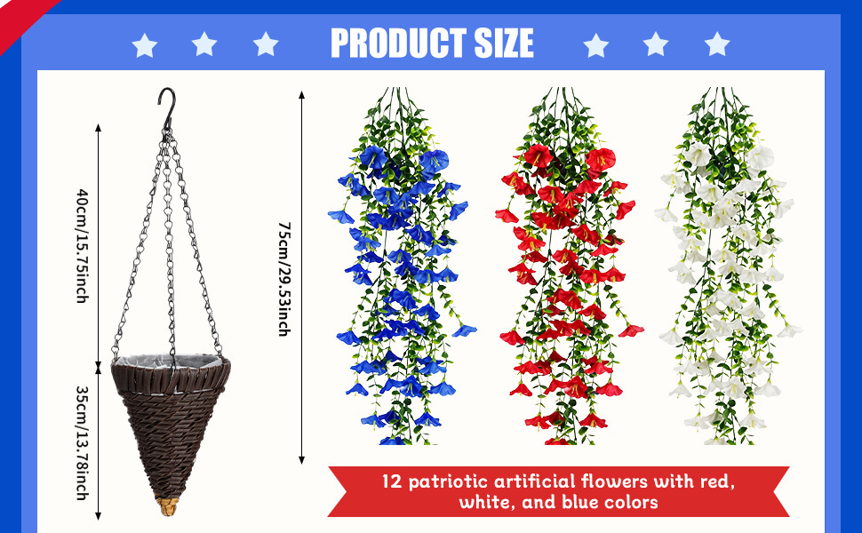 12 Pcs Red White Blue Artificial Hanging Flowers Outdoor with 2 Baskets 250th
