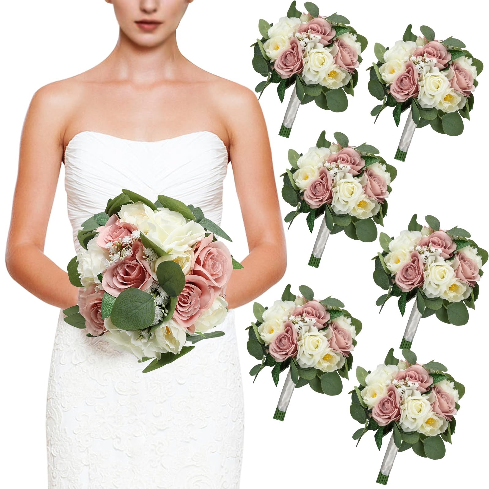 DIYDOFUN Set of 6 Bridesmaid Bouquets, 11 Inch Wedding Bouquets for Bridesmai…