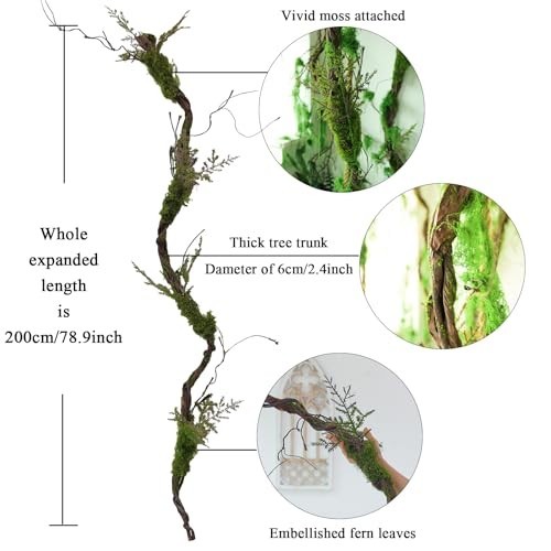 Large 78.9″ Bendable Artificial Tree Branches with Moss & Leaves for Outdoor Dec