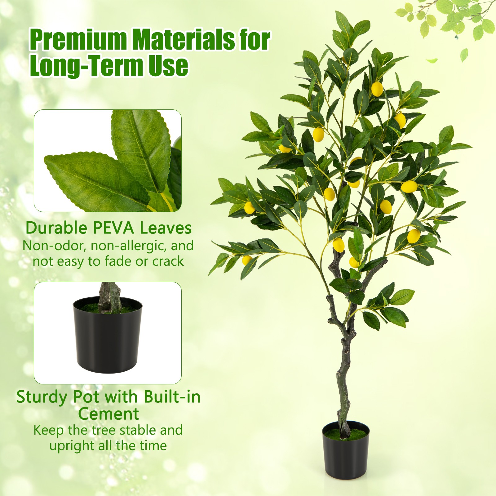 2 PCS 4 FT Tall Artificial Lemon Tree w/ Lemon Fruits, Cement Pot for Office