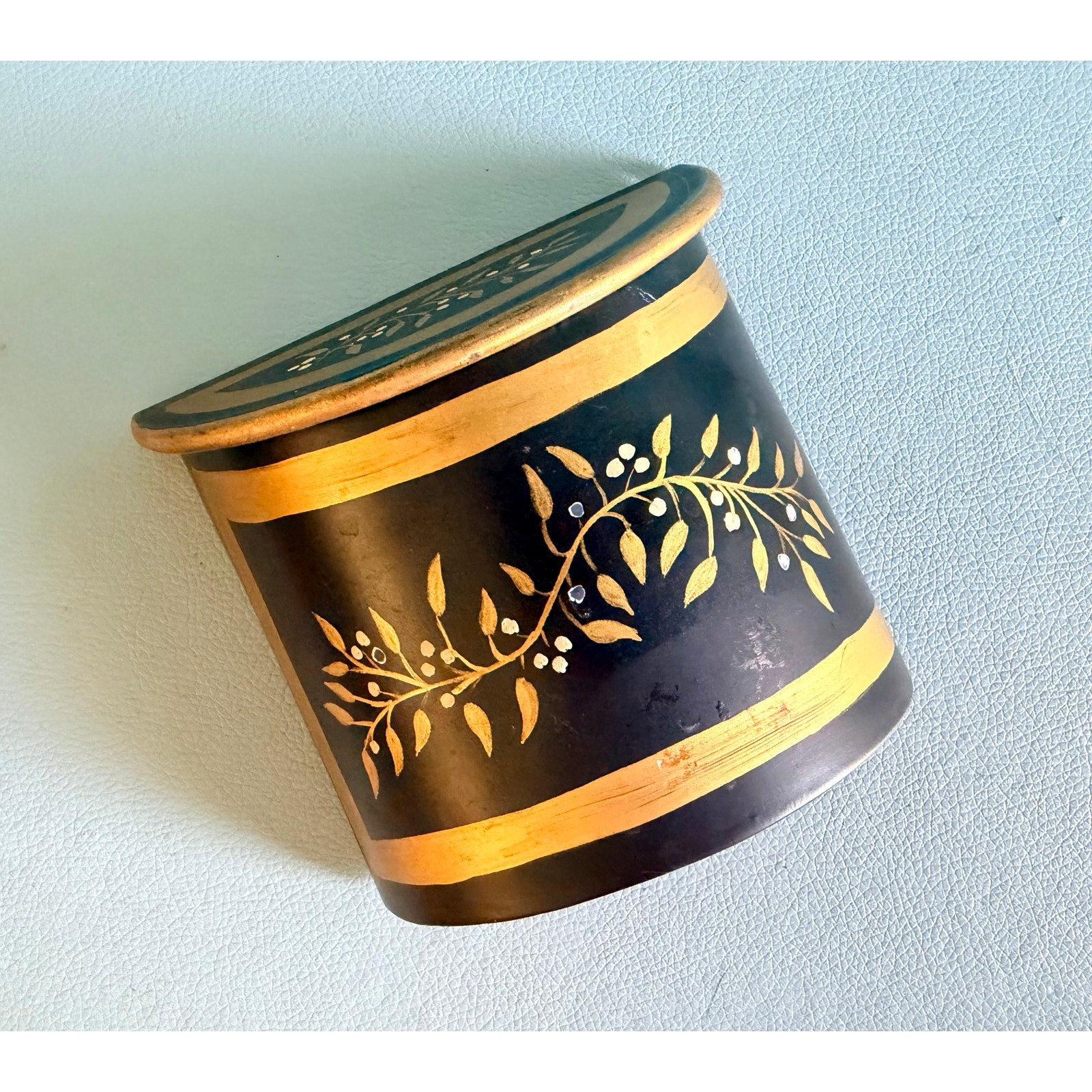 Italian Tole Wall Pocket Hinged Lid Black Gold Hand Painted Made in Italy Box