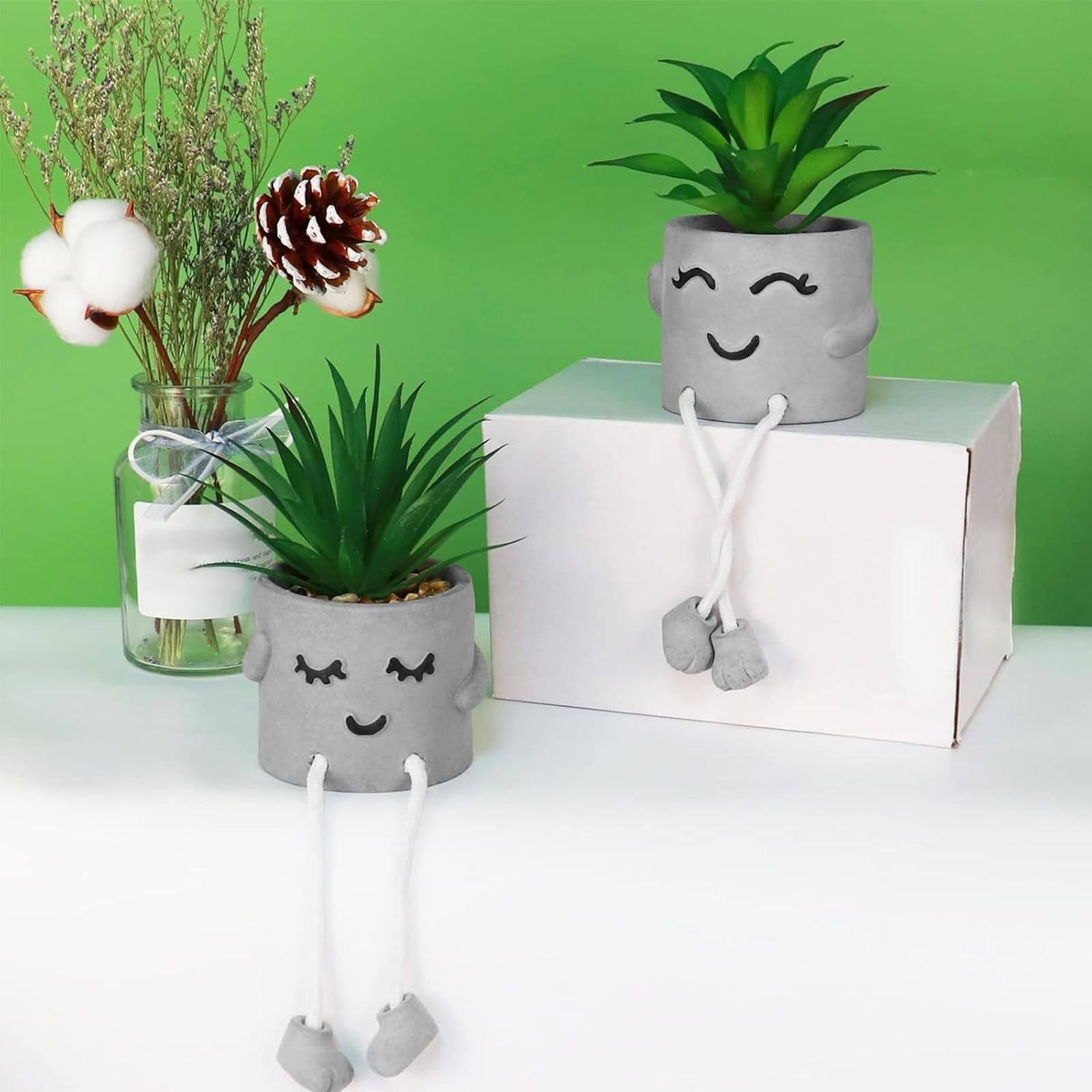 Faux Succulents In Cement Pots With Hanging Leg Potted Mini Fake Plants For Desk