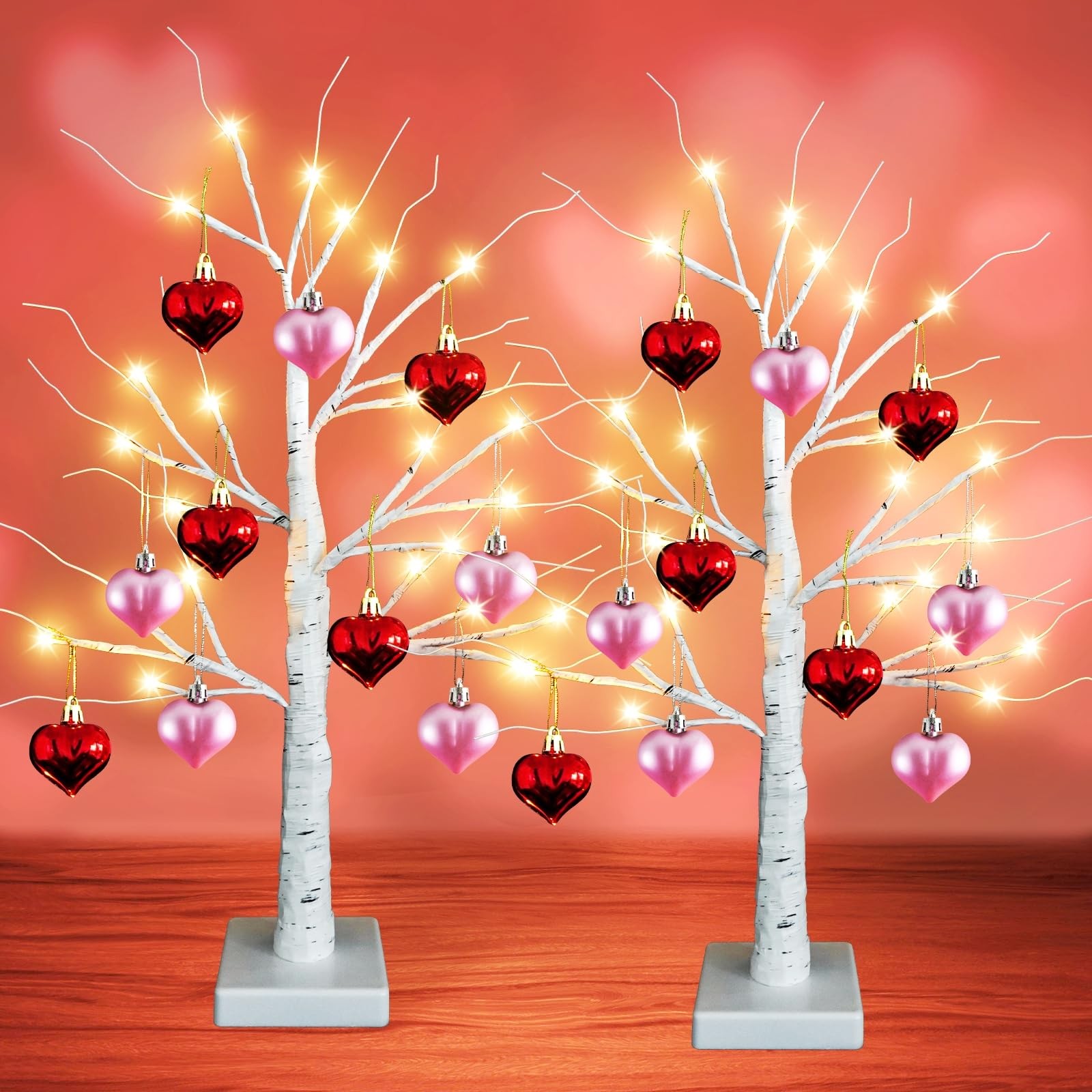 2 PCS 24 Inch Lighted Birch Tree 10 Heart Ornaments 24 LED Tabletop Decor Lamp