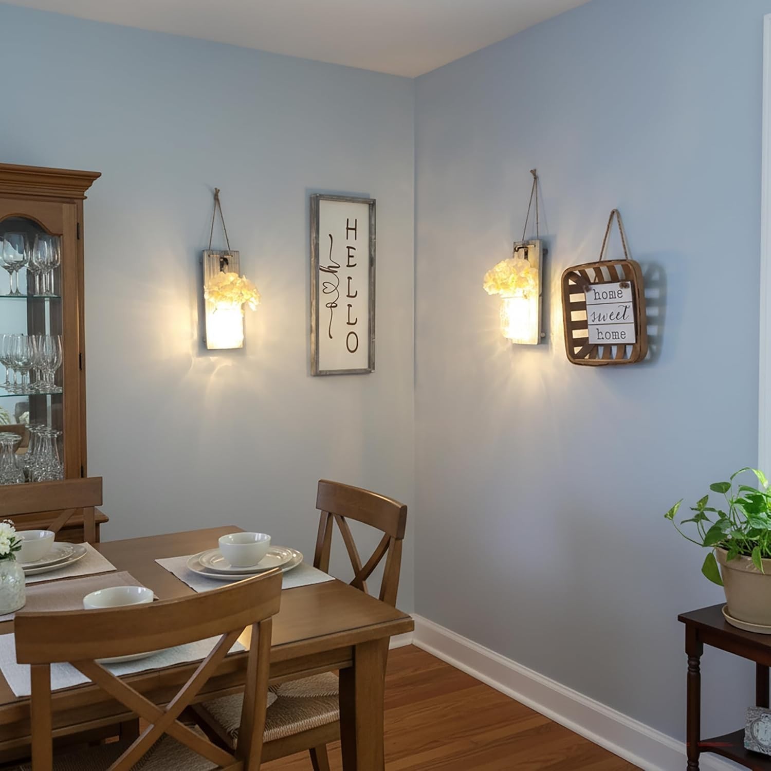 Rustic Wooden Wall Hanging Decor w LED String Lights, 6 Hour Timer Set of 2 Grey