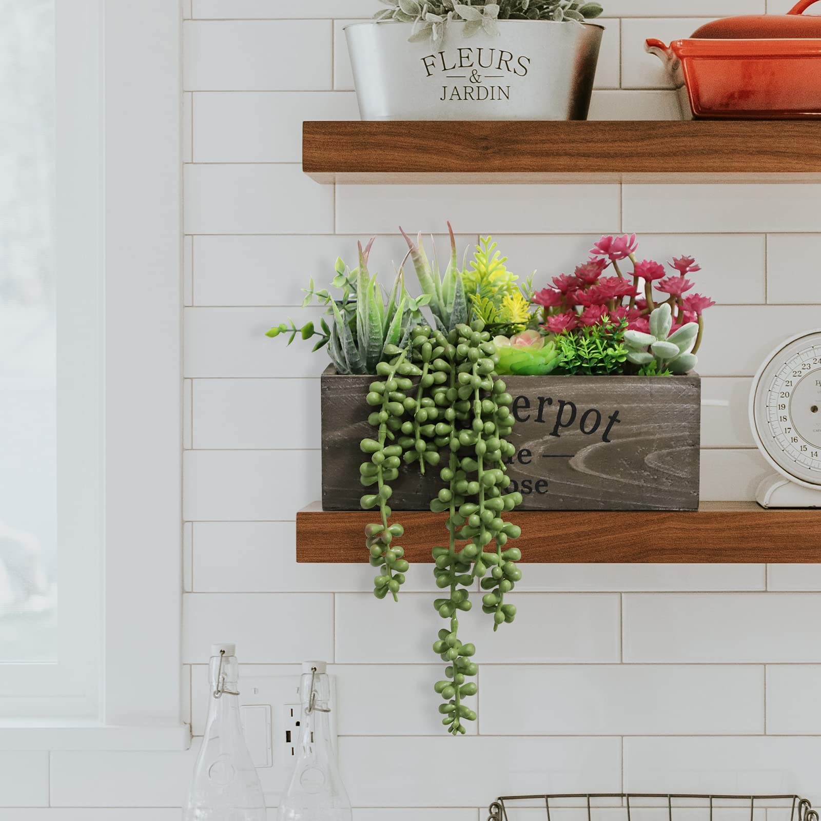 Artificial Succulent Plants Arrangement in Wooden Planter, Fake Succulents Pl…