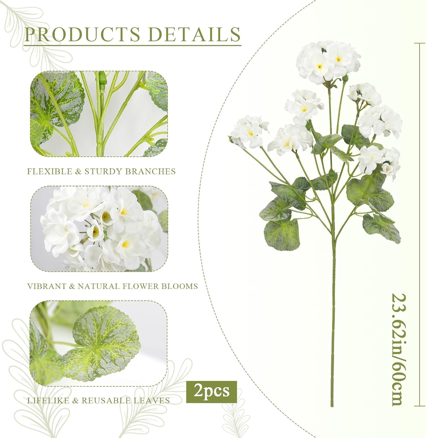 2 Pcs Artificial Geraniums for Outdoors 23” Faux Flowers White Silk Geraniums
