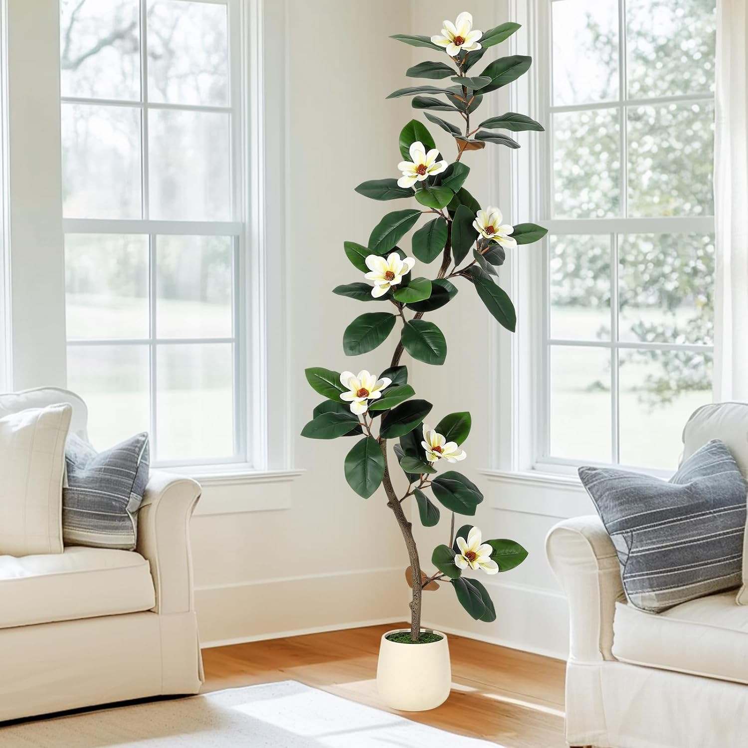 6 Ft Rubber Tree with Magnolia Flowers in White Planter for Home & Office Decor