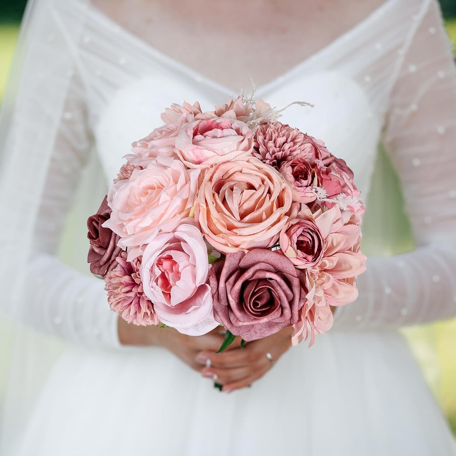 Artificial Flowers Dusty Pink Silk Roses, Fake Flowers for DIY Wedding Bouquets