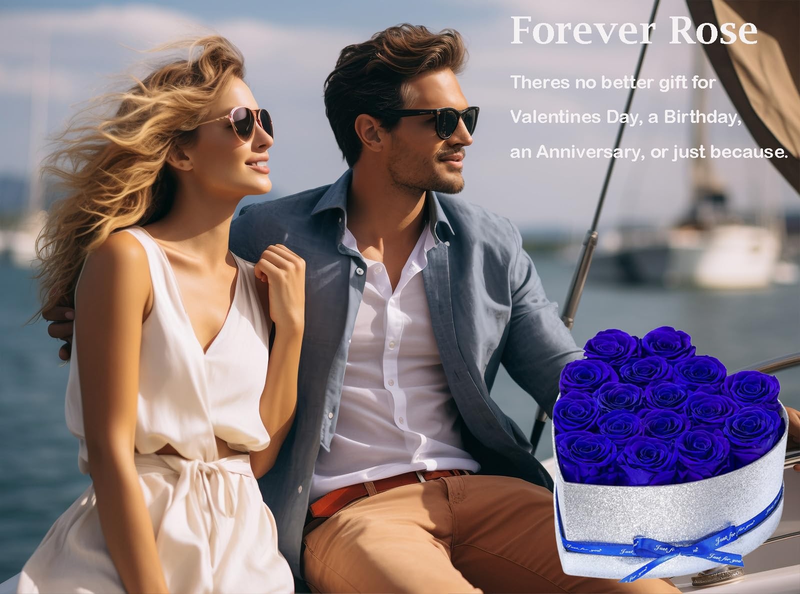 Blue 16 PCS Preserved Forever Roses Heart Shape Box Birthday Gift for Women