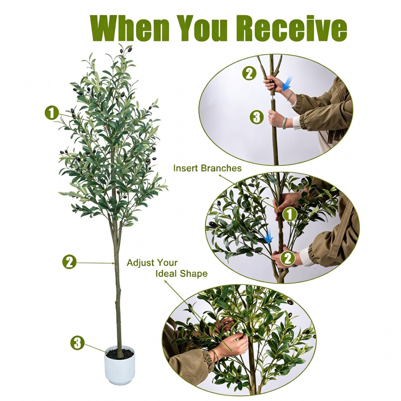 Nearly Natural 6ft Olive Artificial Tree in Green with White Planter Home Decor