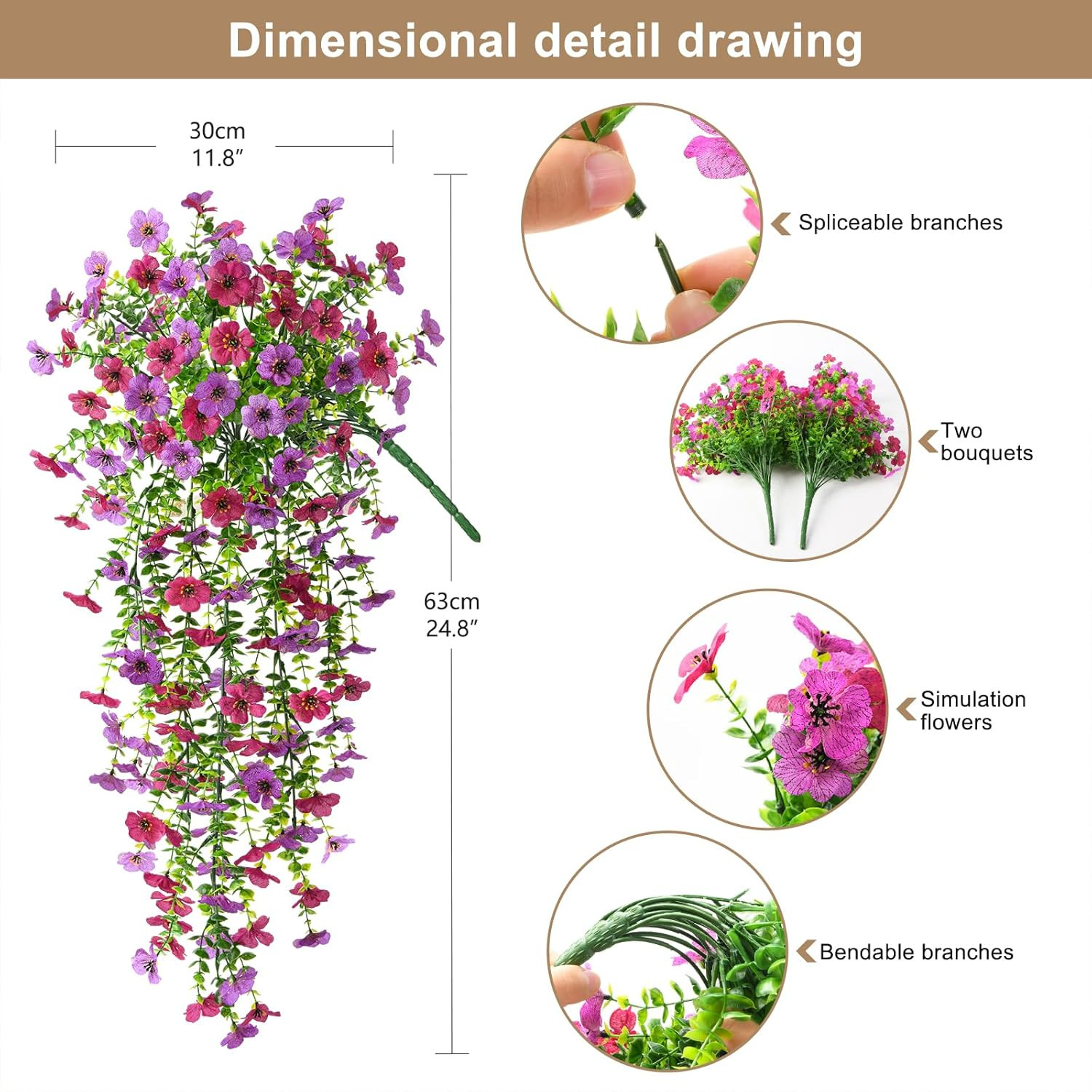 Artificial Hanging Flowers Plants for Outdoor Spring A Light Purple Red