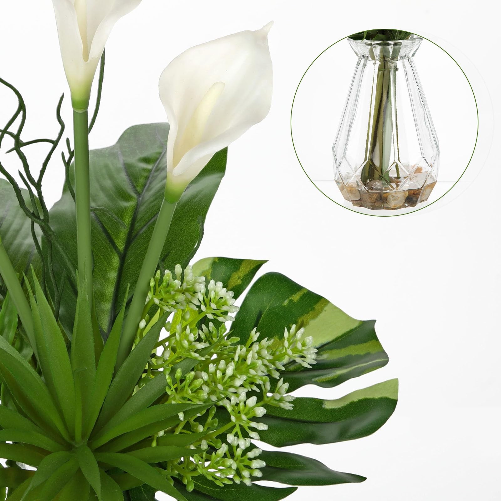 Fake Plants in Glass Vase with Stone and Faux Water, Mixed Palm Calla Lily Su…