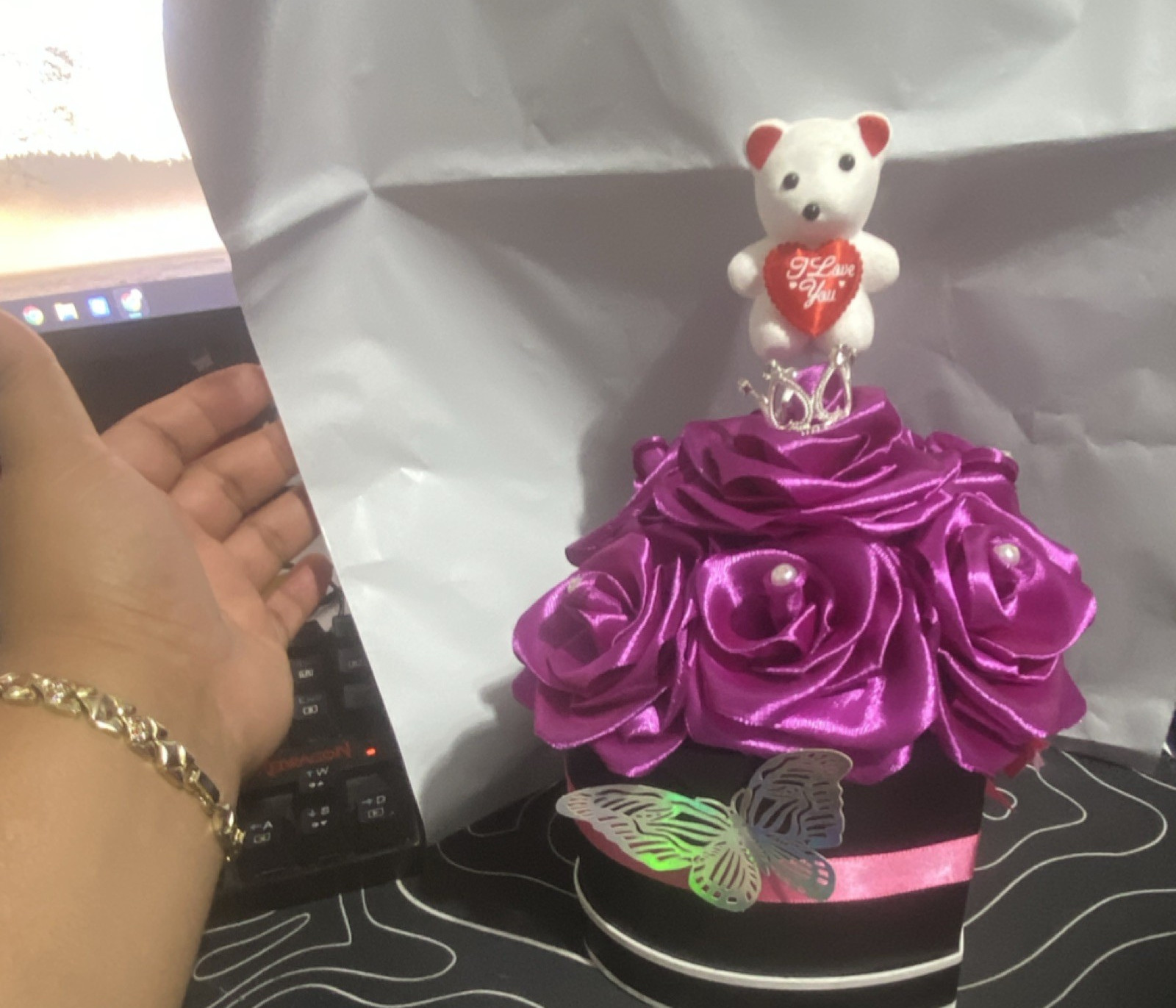 Artificial Rose Flower Box Purple with Teddy Bear Valentine’s Day Centerpiece