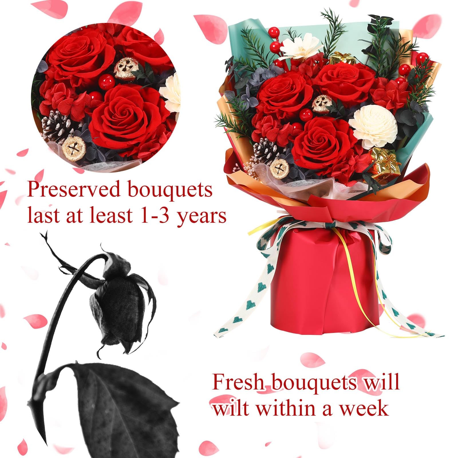 Christmas Flower Gifts Preserved Long Lasting Rose Bouquet Mom Wife Decor