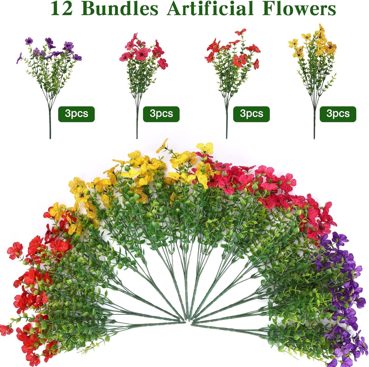 12 Bundles Ultra-Realistic Silk Daisy Flowers in Red, Purple, Yellow & Fuchsia