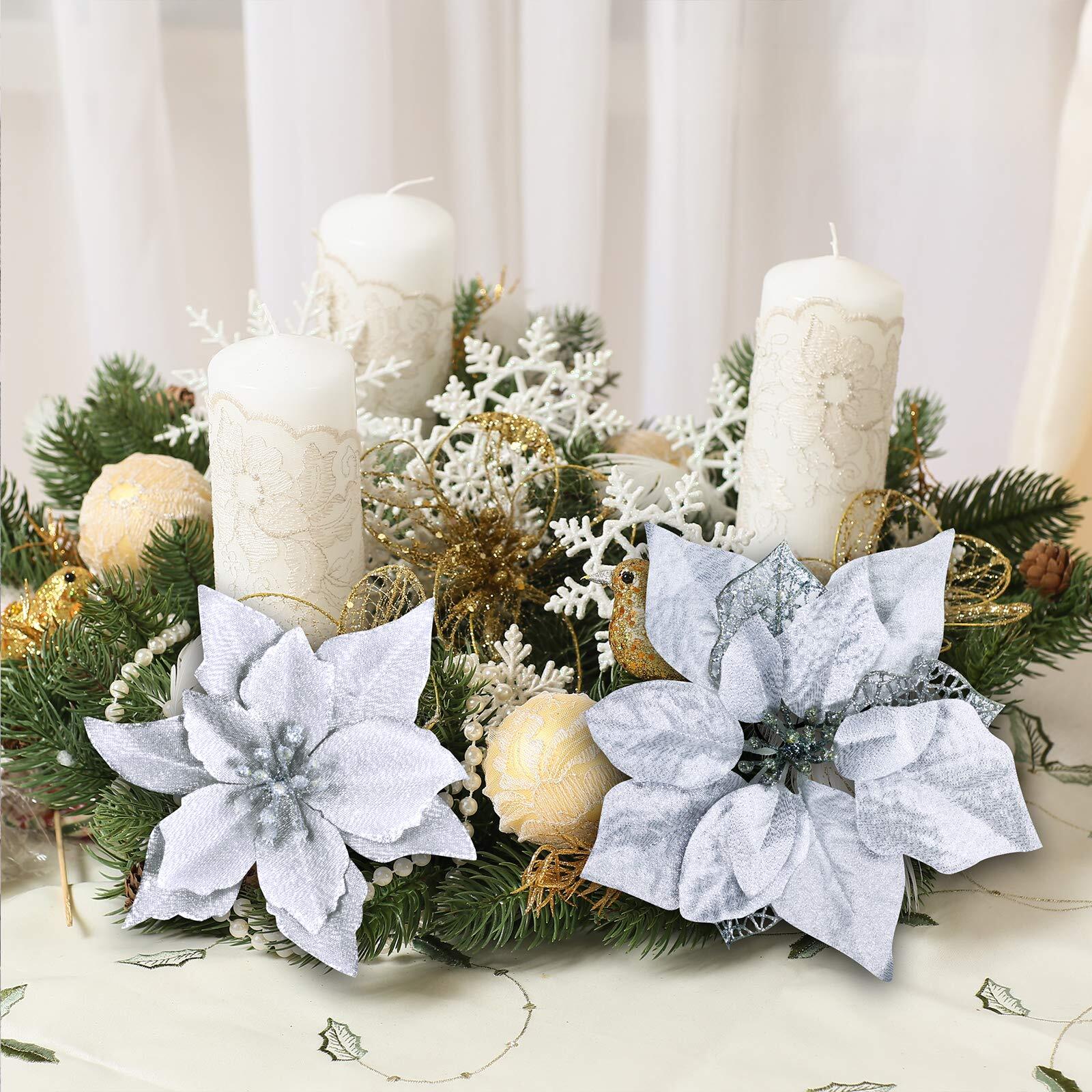 24 Pcs 4 Styles Christmas Silver Metallic Mesh Glitter Artificial Poinsettia Flo