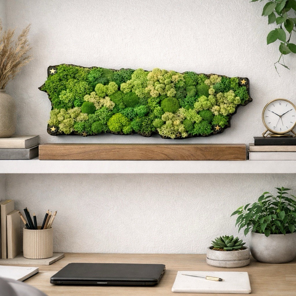 Puerto Rico Moss Wall Art Map · Preserved Moss Handmade Botanical 18” x 7”