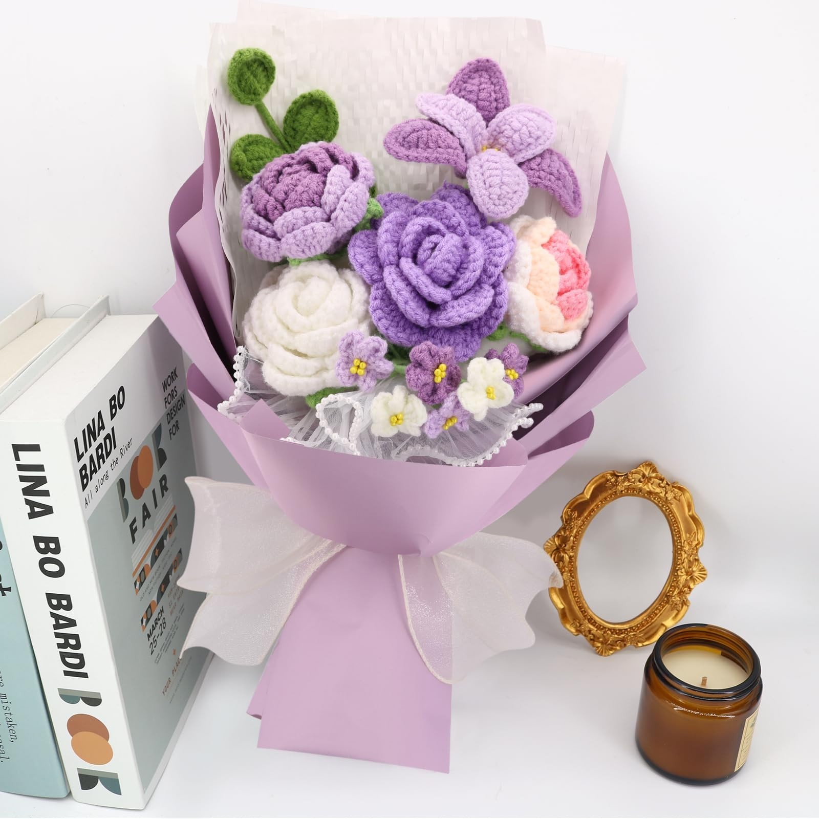 Handmade Crochet Flower Bouquet – Cotton Thread Roses, Tulips & Ferns – Gift Ide