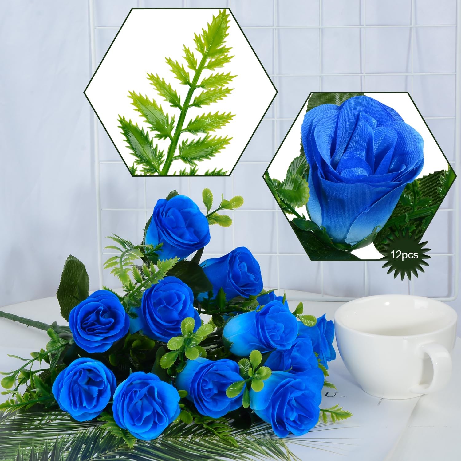 Artificial Rose Flowers Bouquet 4 PCS, Realistic Silk Blue Wedding Cemetery