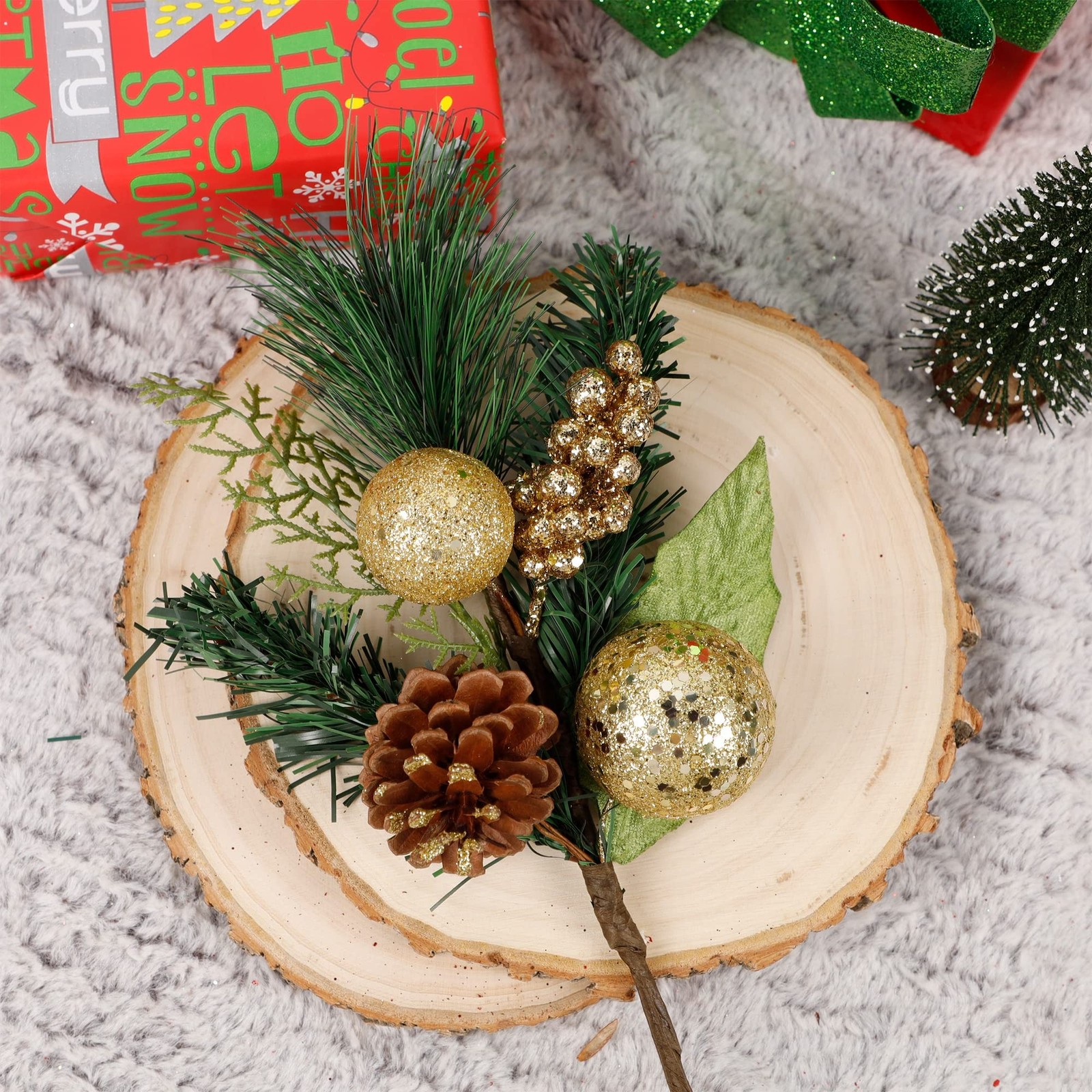 12″ Gold & Green Christmas Picks and Sprays – 6 Pcs Tree Fillers