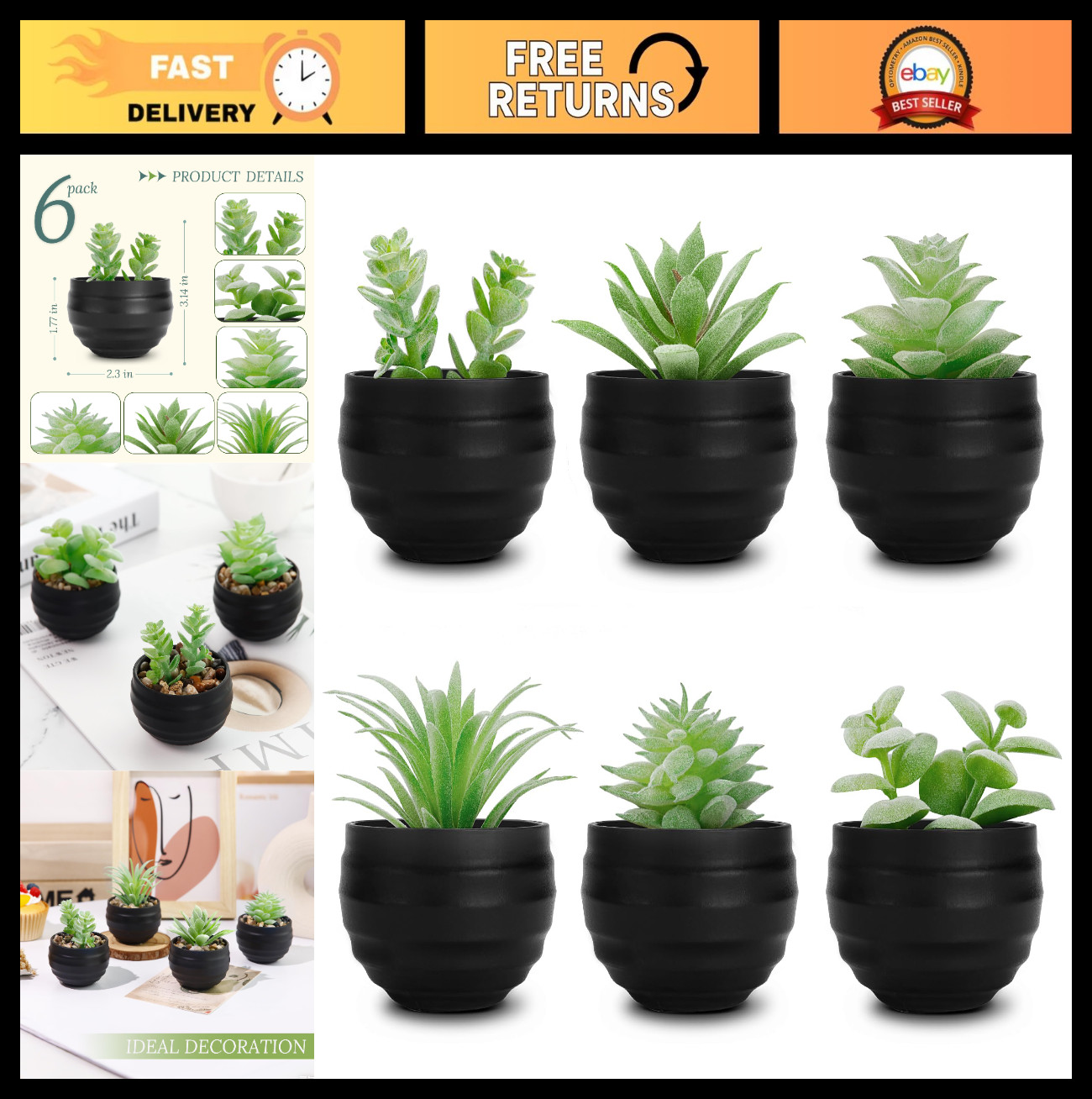6 Pack Fake Succulents in Black Pots – Realistic Greenery for Halloween Decor, G