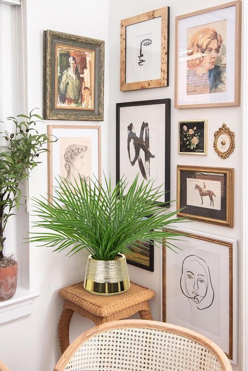 Fake Plants Artificial Palm Leaf Plant in Gold Planter – 15’’ Tall Faux Tropi…