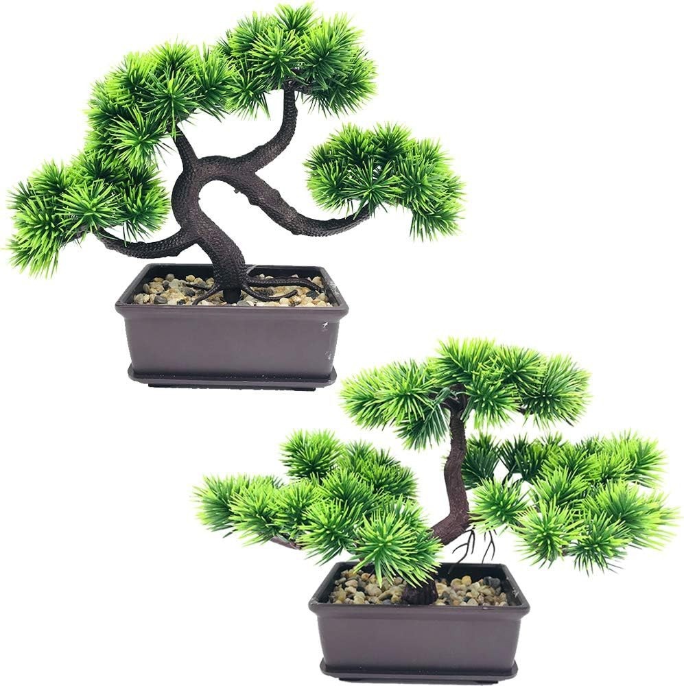 2 Pack Potted Artificial Bonsai Pine Trees Fake Japanese Zen Garden Decoration