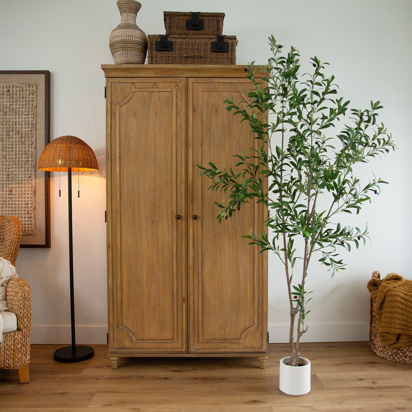 Nearly Natural 7ft Artificial Minimalist Olive Tree in White Decorative Planter