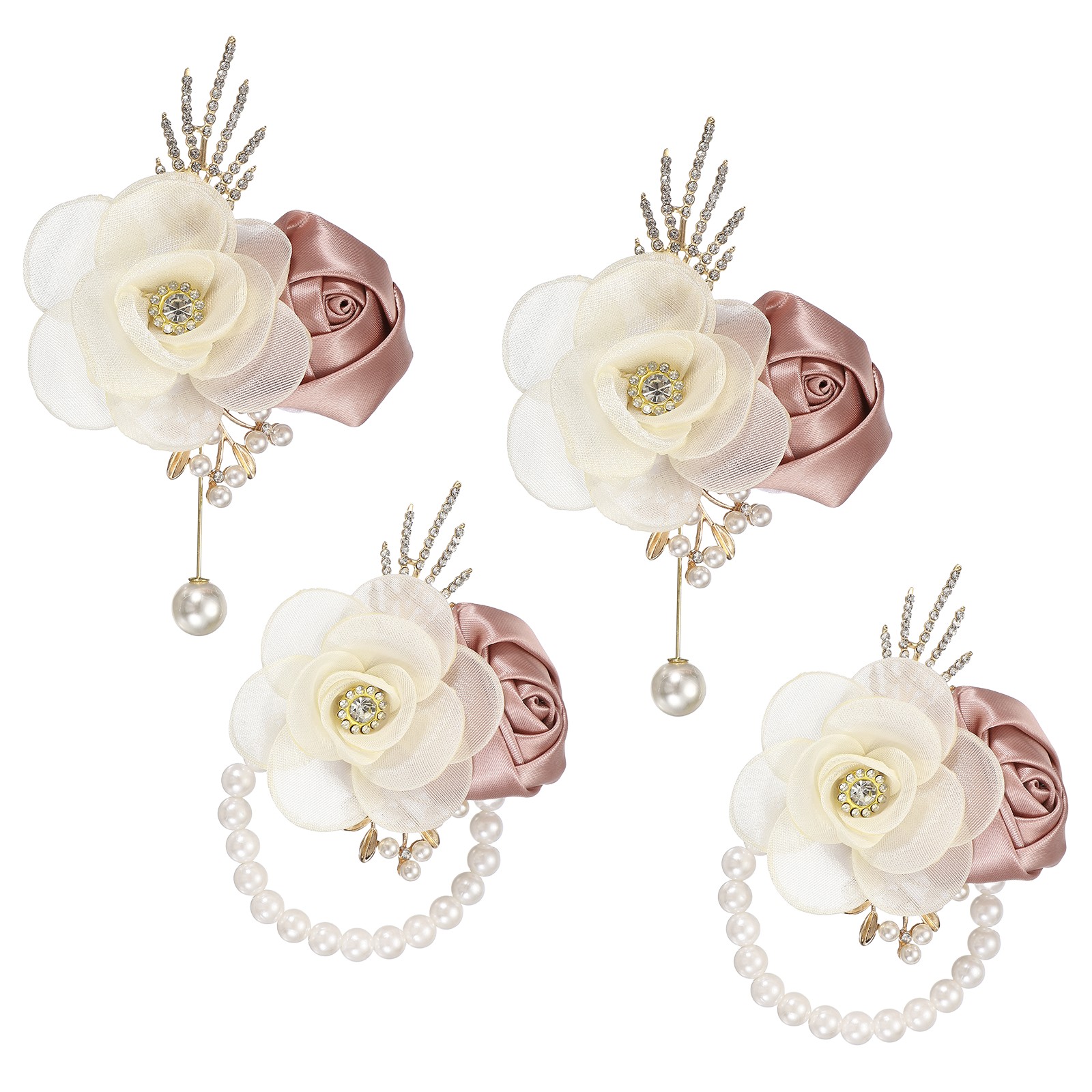 2 Sets Wrist Corsage and Boutonnieres Set for Wedding Groom Bride, Dusty Pink