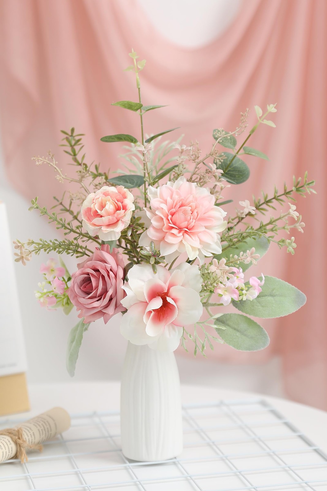 Small 11″ Artificial Flowers in Ceramic Vase – Pink Silk Flower Centerpiece f…