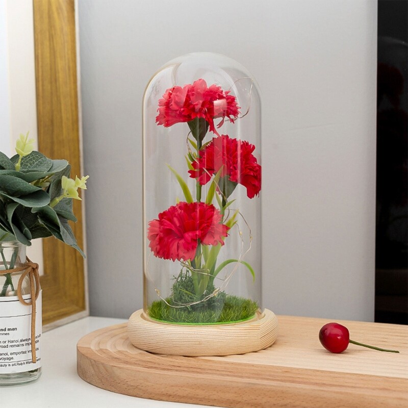 Artificial Led Luminous Carnation Soap Flower with Dome Glass Cover