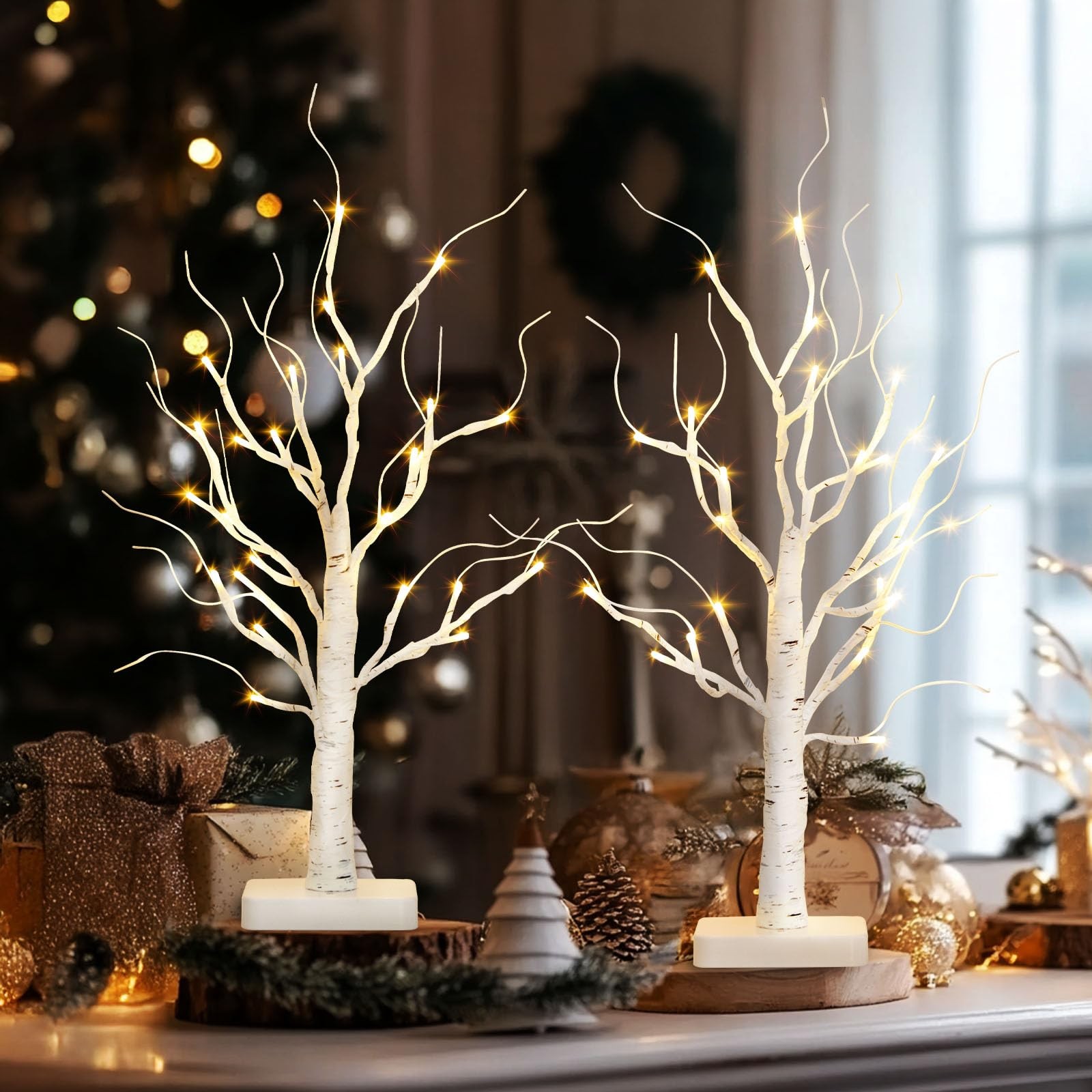 2 PCS Lighted Birch Tree 24 LED Tabletop Centerpiece Battery Timer Decor