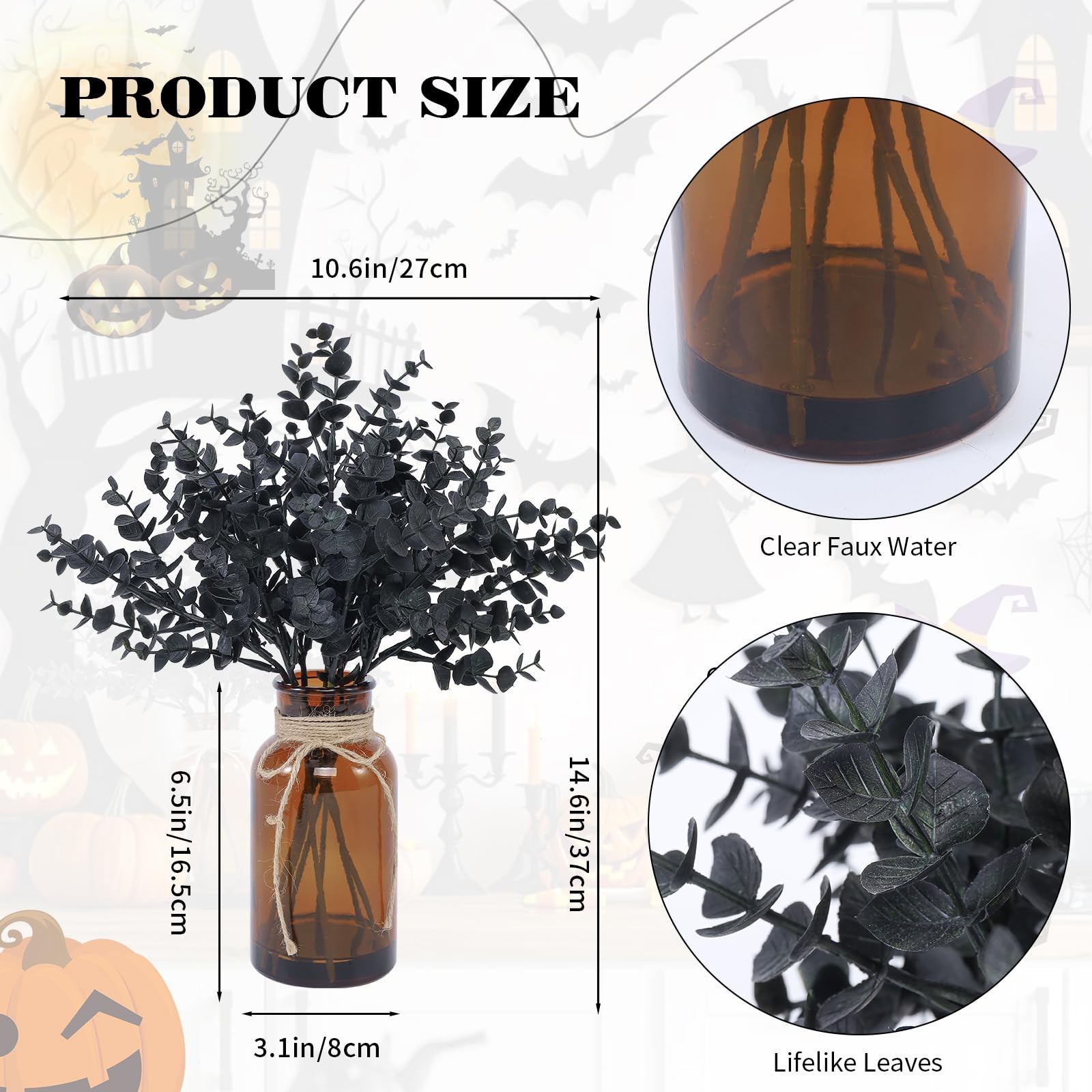 Black Eucalyptus Stems in Glass Vase with Faux Water for Halloween Decoration…