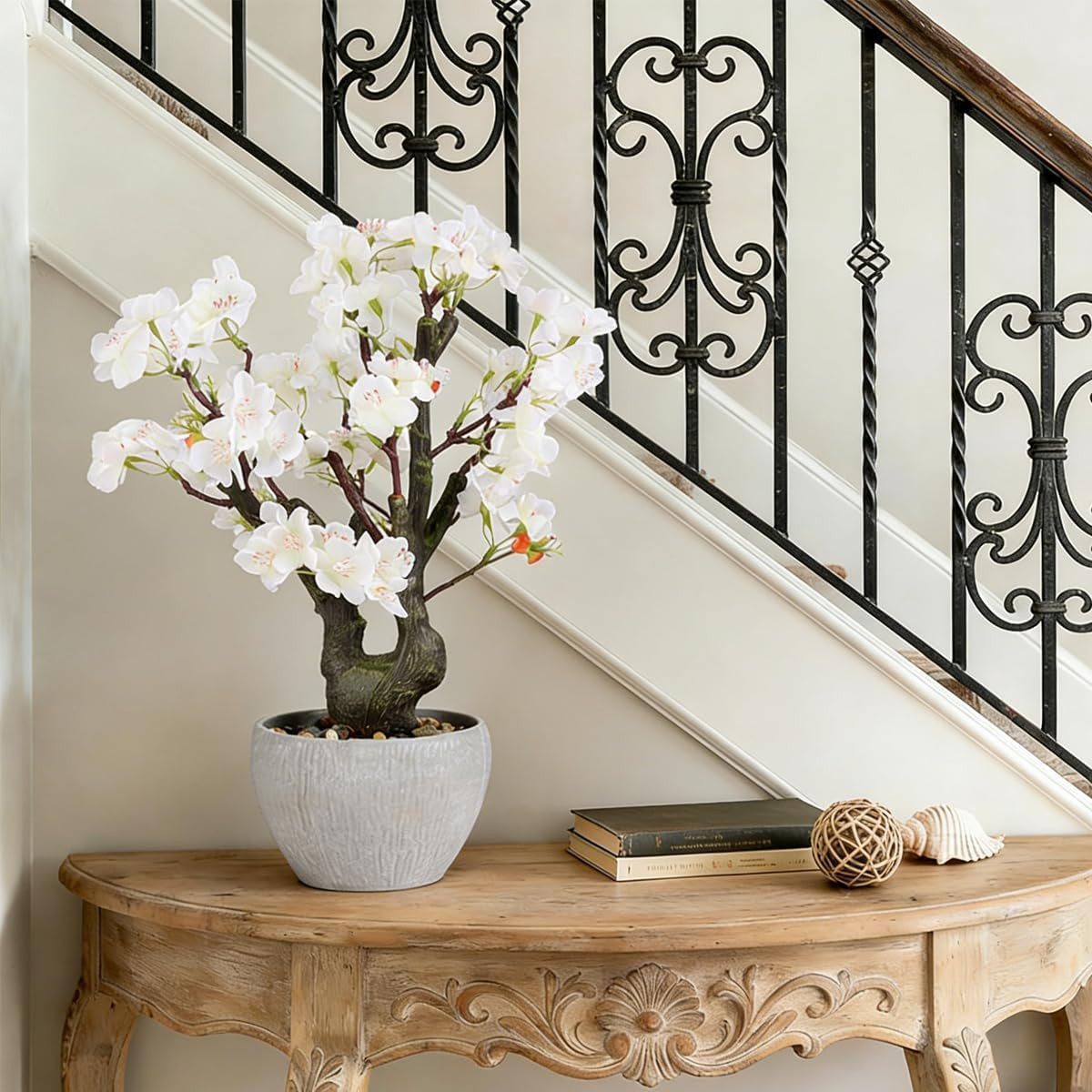 Realistic White Cherry Blossom Bonsai Tree – 15.7″ Potted Floral Decor