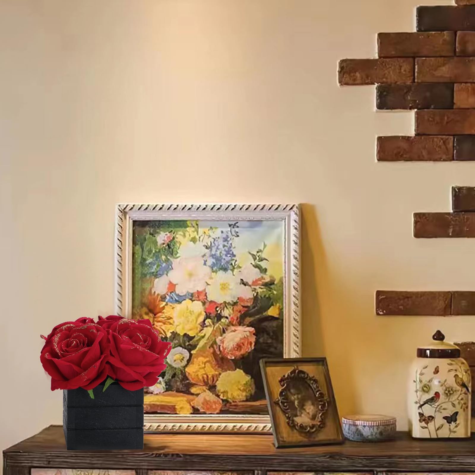 CVHOMEDECO. Artificial Red Roses with Wooden Vase Silk Red Glitter Rose in Bl…
