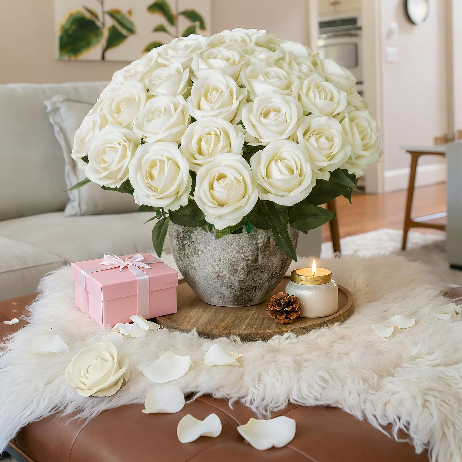 50 PCS Ivory Roses Artificial Flowers, Fake Roses with Stem Realistic Silk Roses