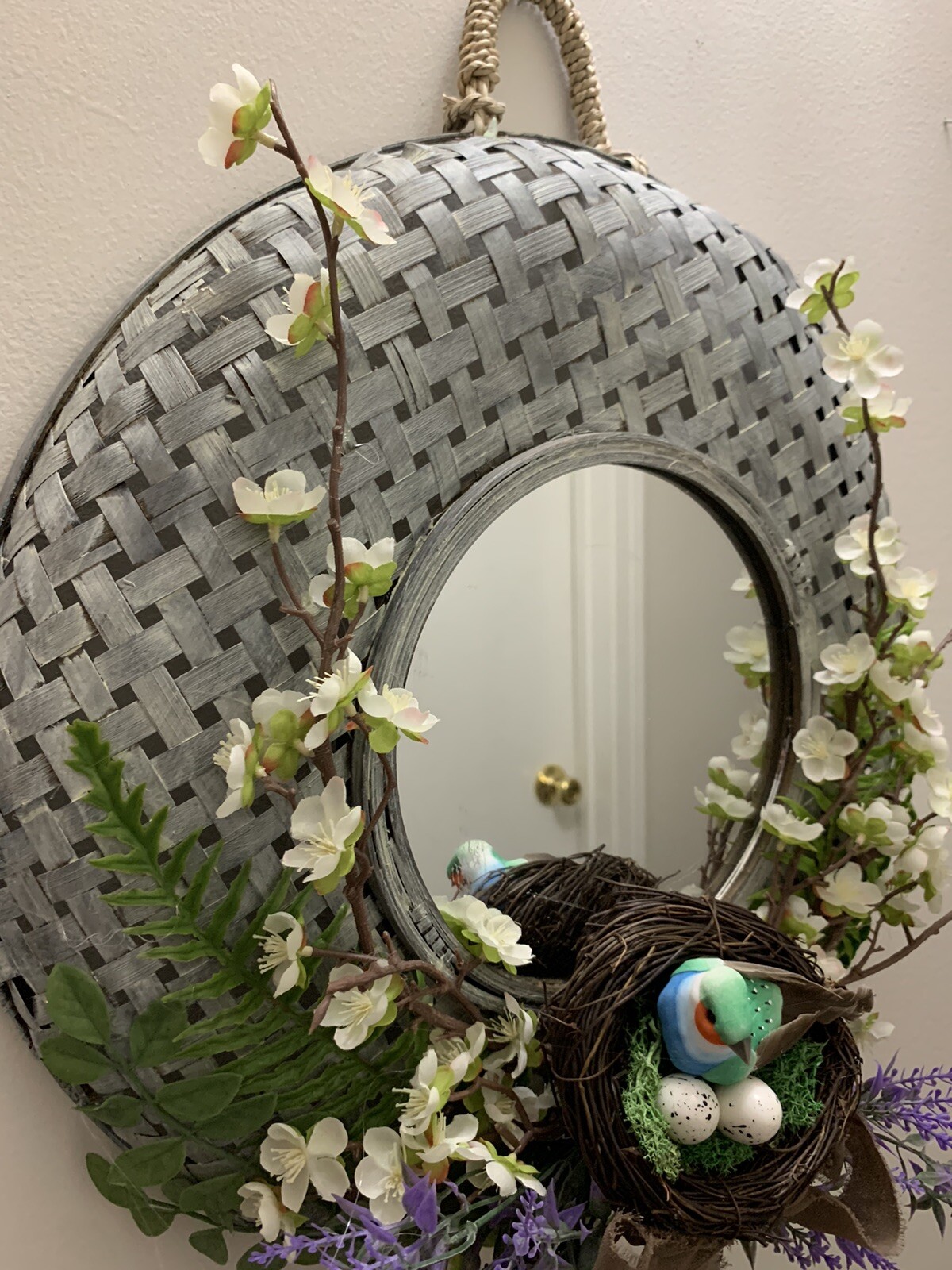Hand Made Wicker Mirror Flower Bird Nest Wall Hanging Floral Arrangement ￼