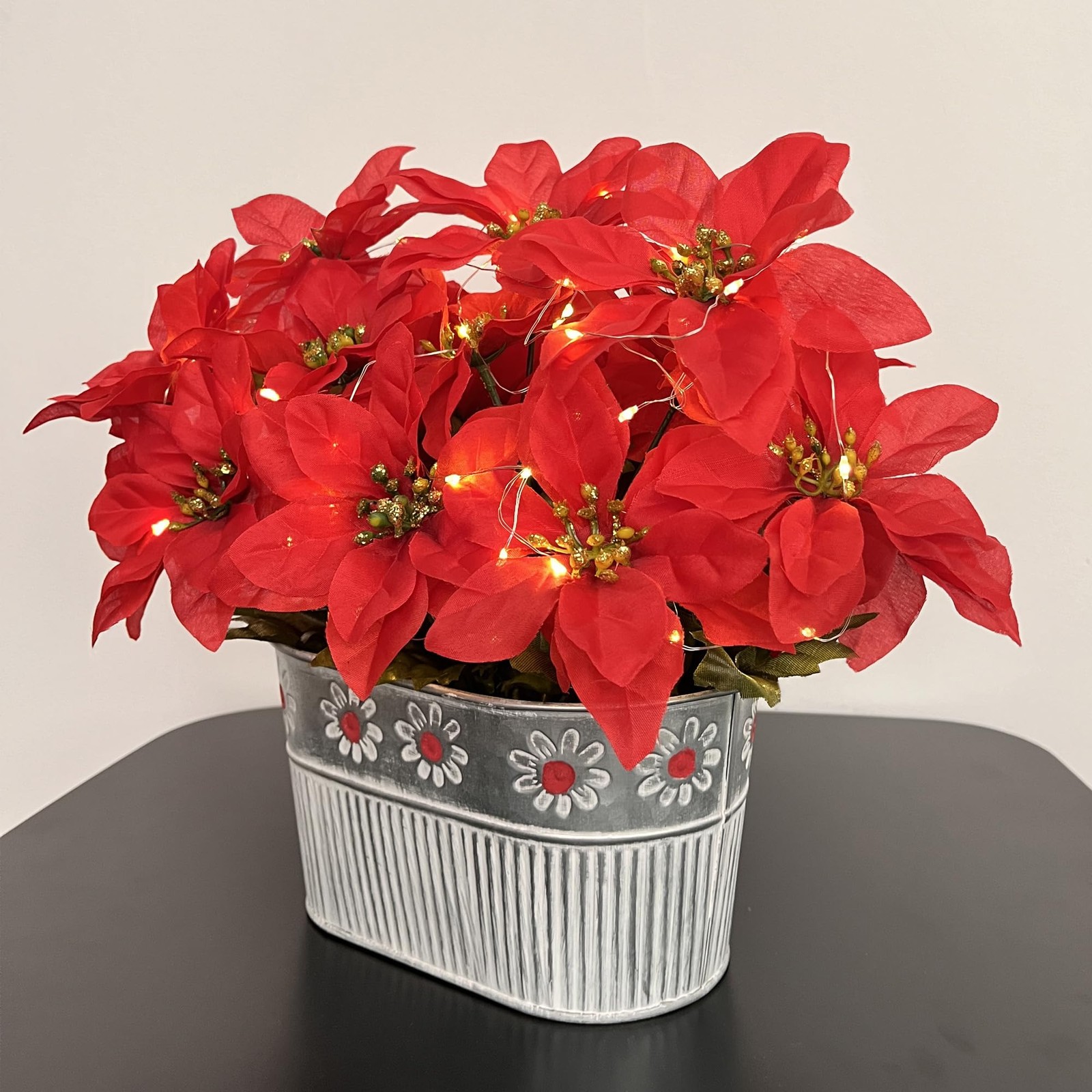 Best Christmas Poinsettia Table Centerpiece – Rustic Metal Pot with LED Lights