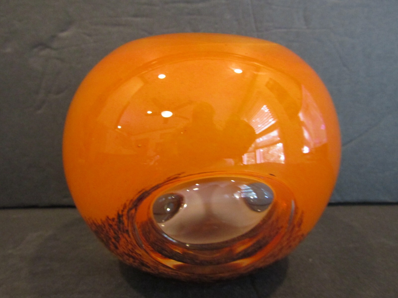 ART GLASS Orange Brown ROUND Tea Light CANDLE HOLDER 3.75″ Peek A Boo CLEAR Hole