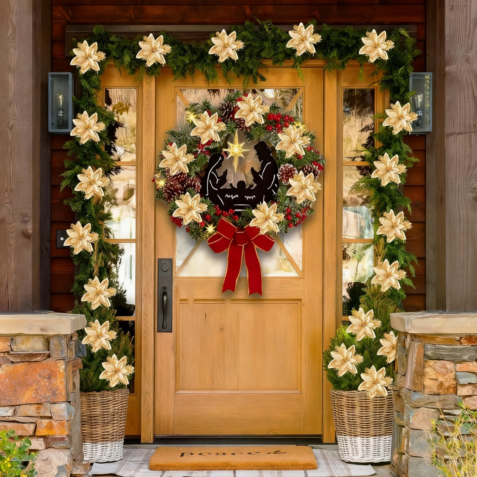 24 PCS Gold 5.9 Inch Christmas Artificial Poinsettia Glitter Flowers Decor