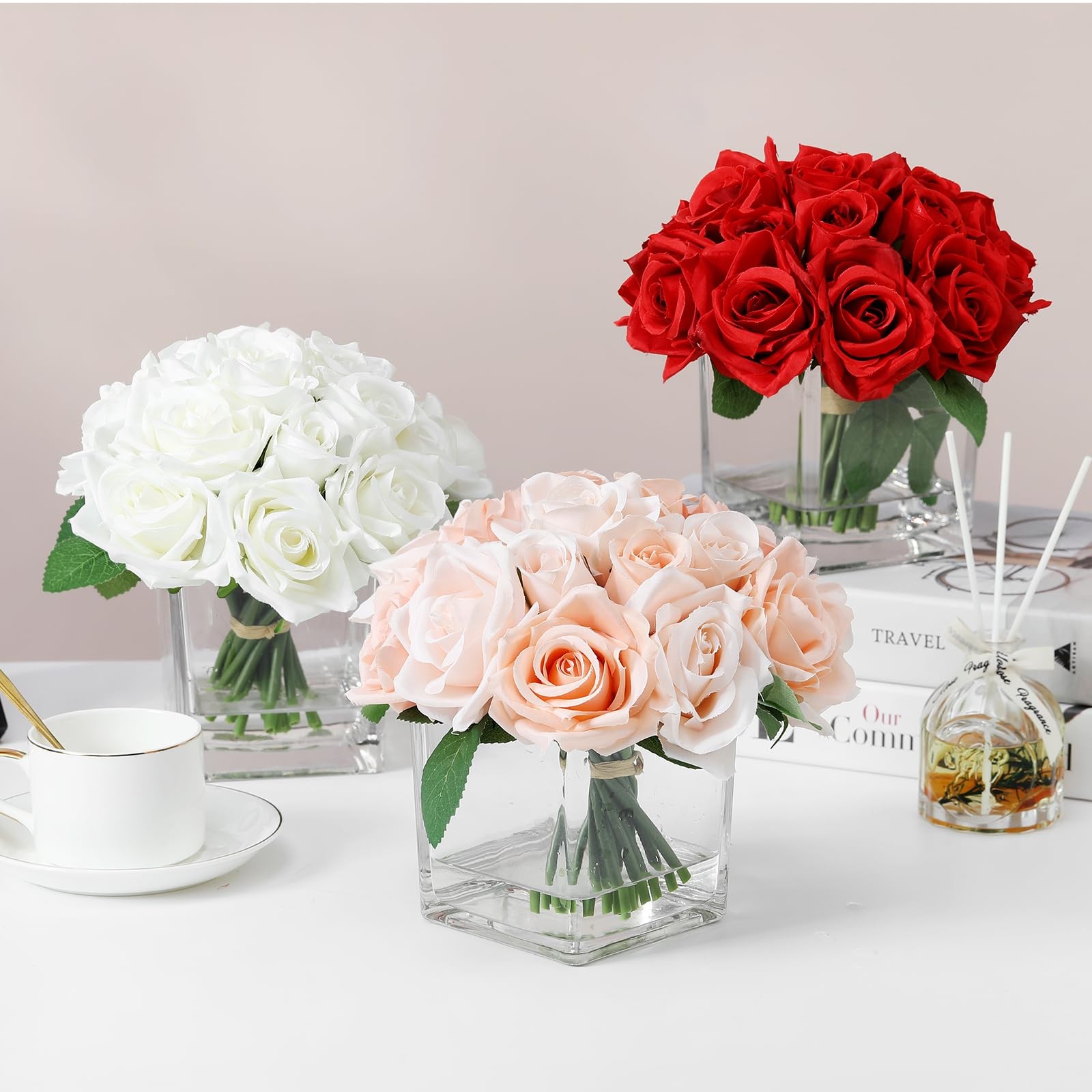 18 Heads Artificial Rose Flowers In Vase Faux Water Cream Table Decor