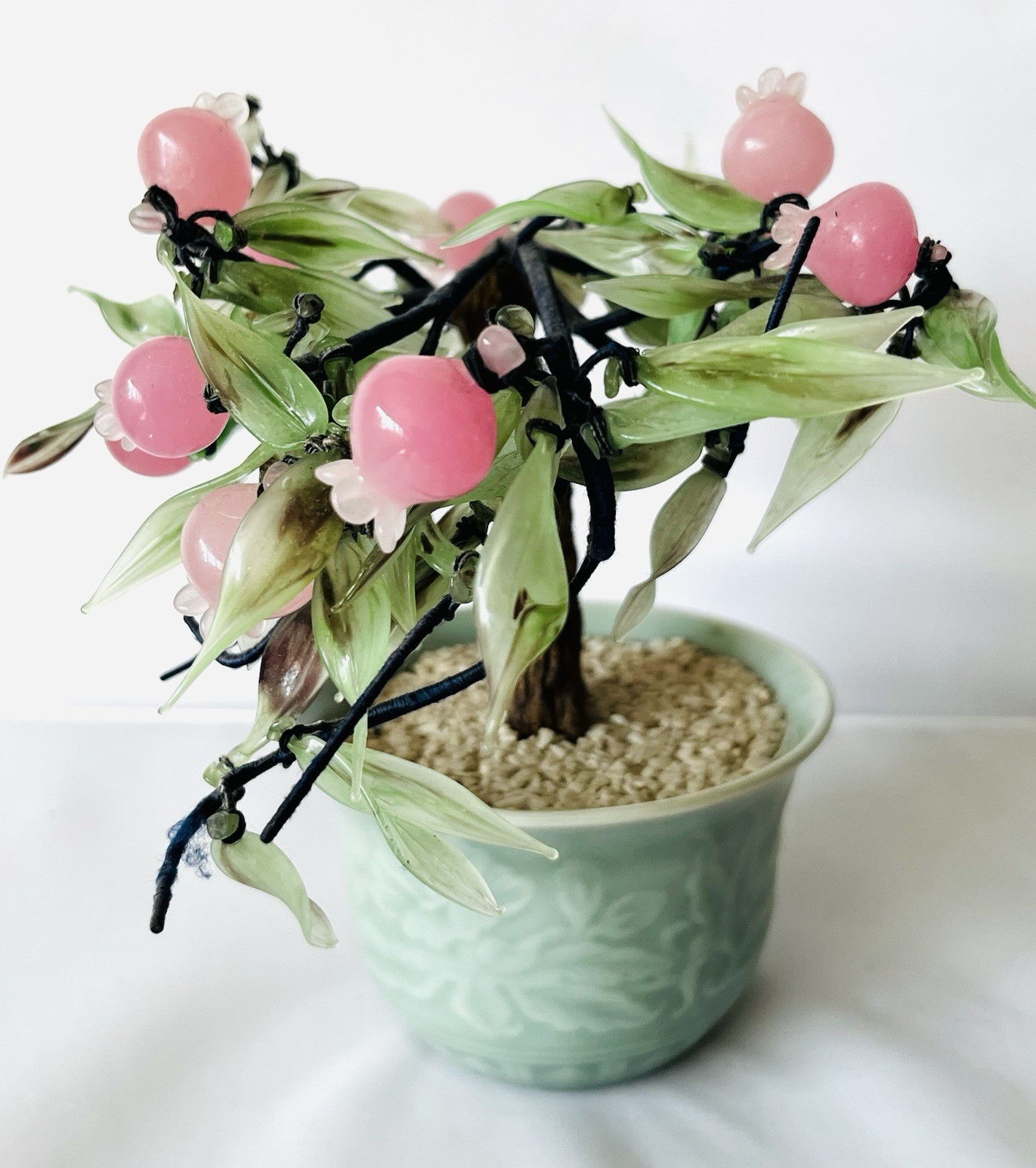 Vintage Pink Cherry Blossom Flower Plastic Bonsai Tree Celadon Planter