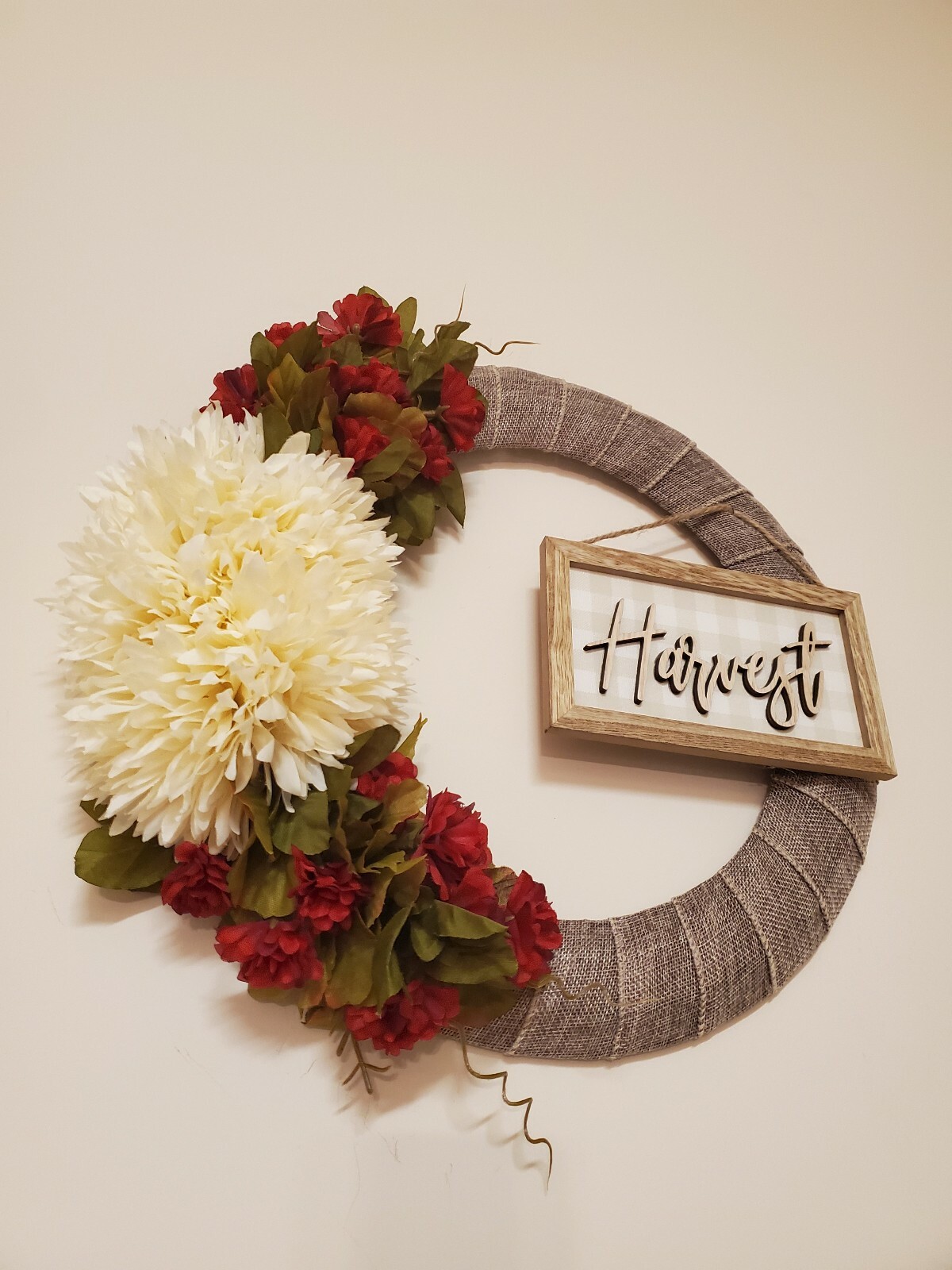 HARVEST fall FLOWER chrysanthemum mums red burlap WREATH autumn Decor Front Door