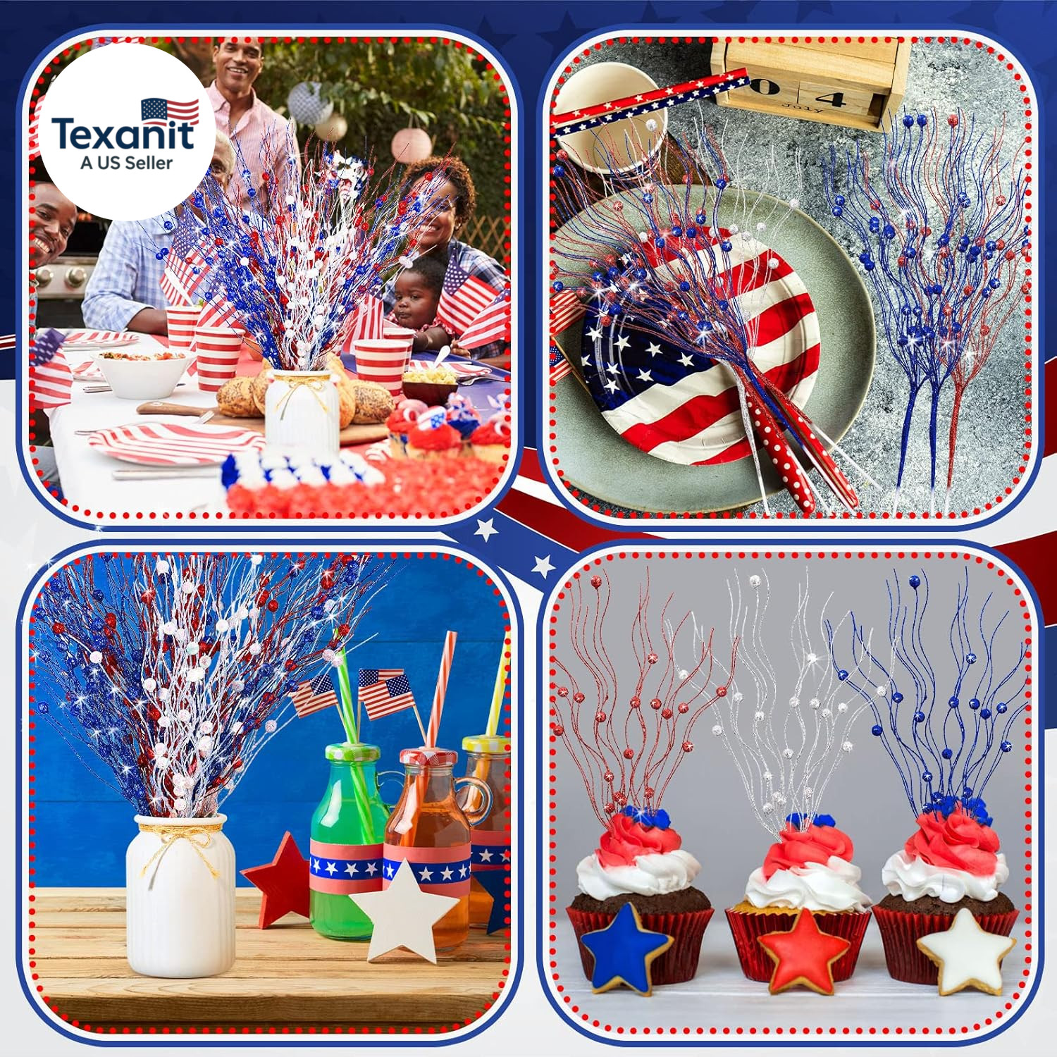 16 Pack Red White and Blue Artificial Flowers 17 Inches 4Th of July Glitter Stic