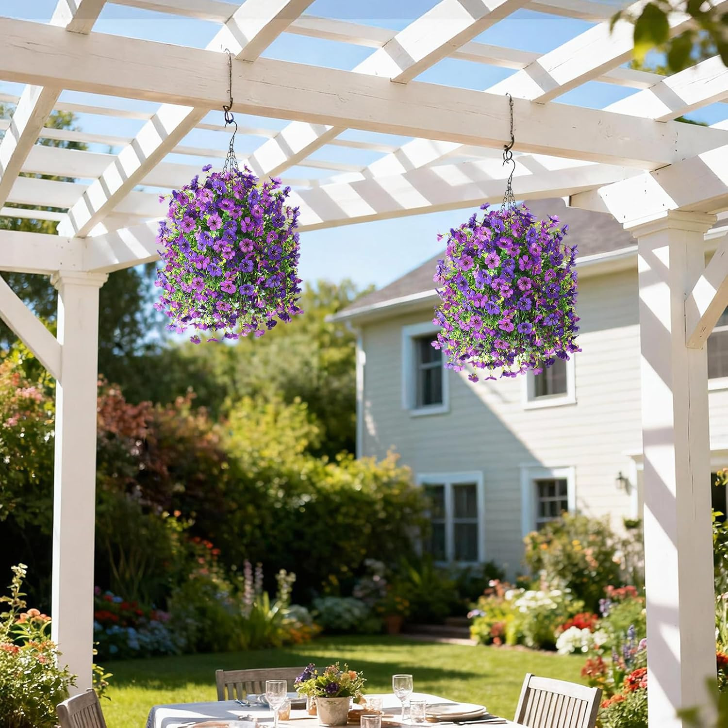 Vibrant Double Purple Artificial Flower Hanging Baskets for Outdoor Decor