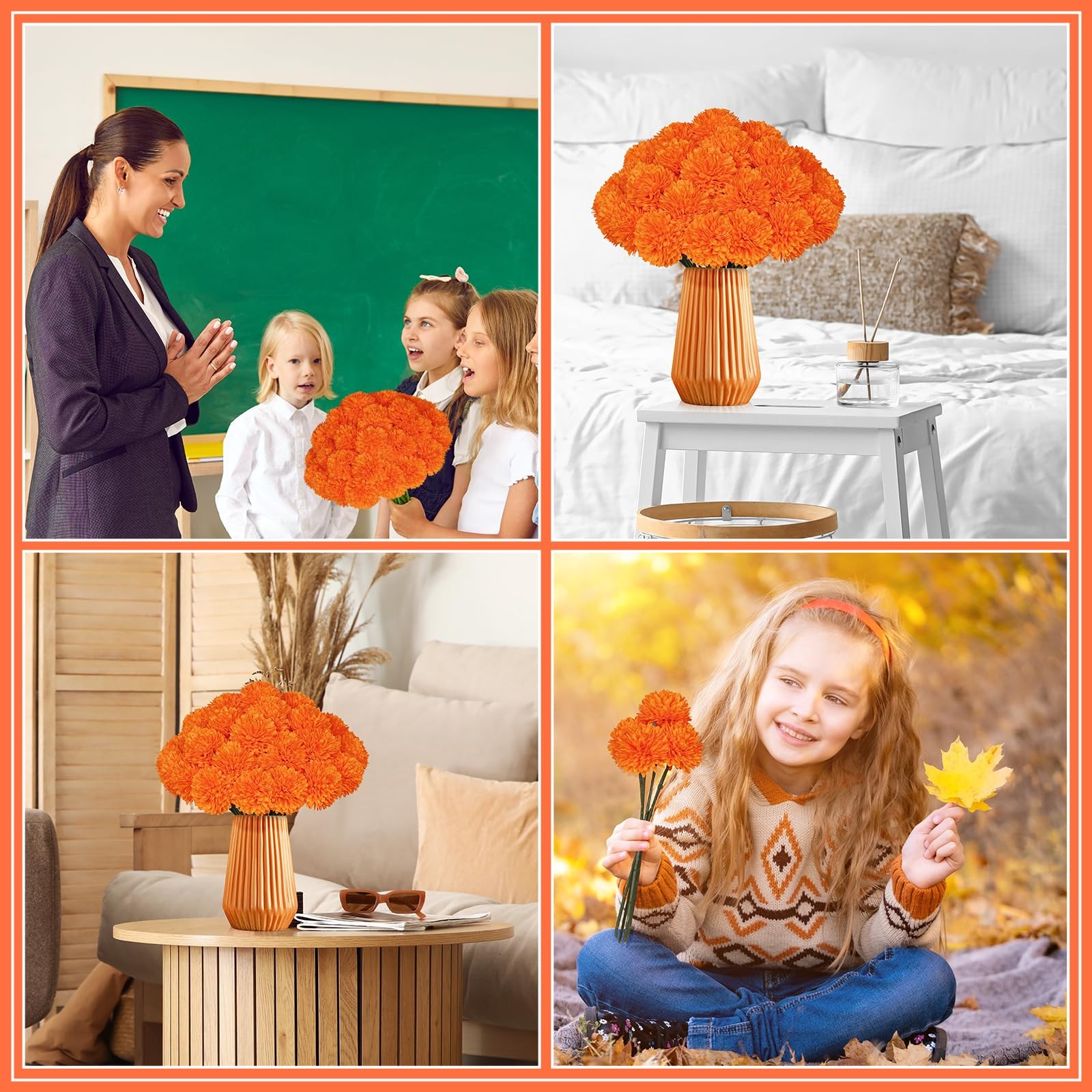 Artificial Chrysanthemums Marigold Fake Orange Silk Mums Bouquet 36 PCS