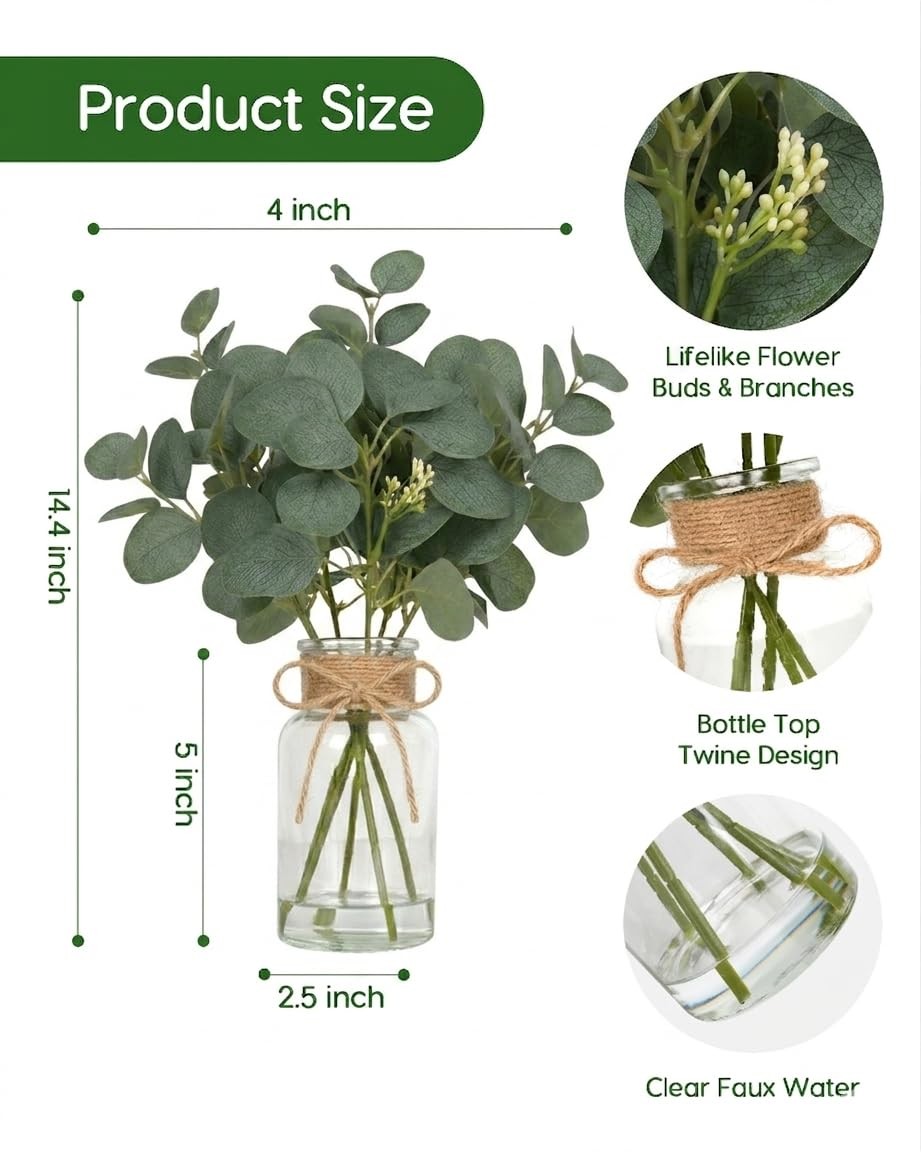 Velener Faux Eucalyptus Stems in Vase with Faux Water, Fake Plants Indoor Art…
