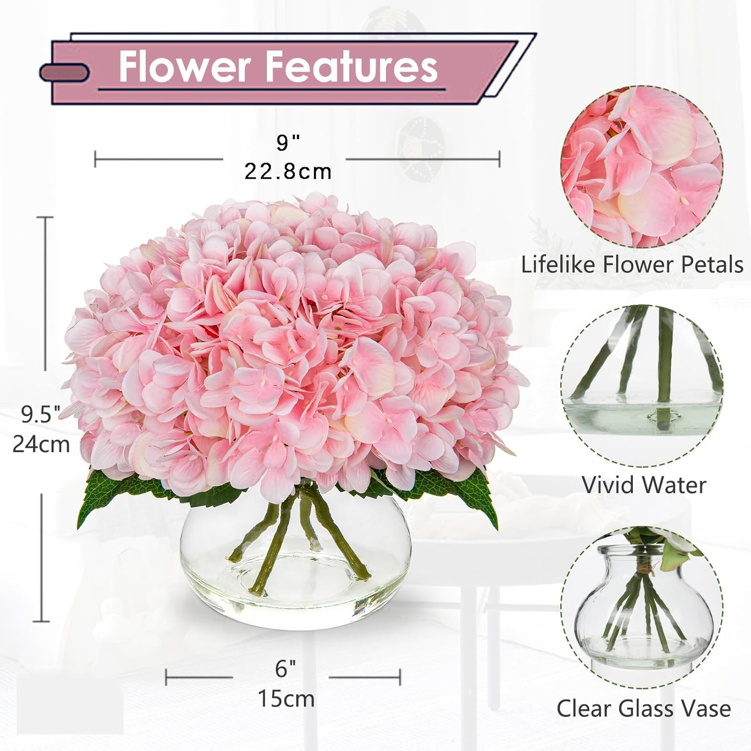 Hydrangea Artificial Flowers with Glass Vase Pink Silk Faux Flowers Arrangements